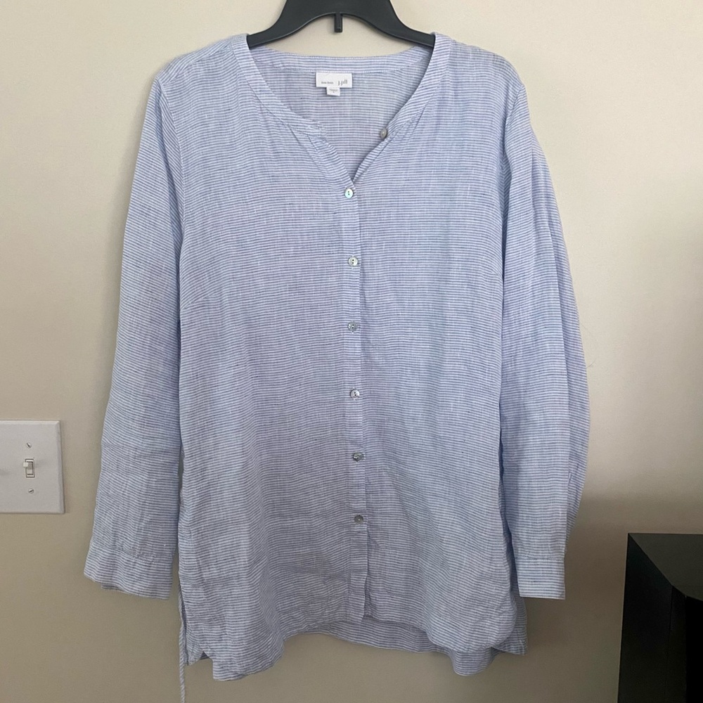 J Jill Love Linen Large Blue White Stripe V neck Tunic with ties on side